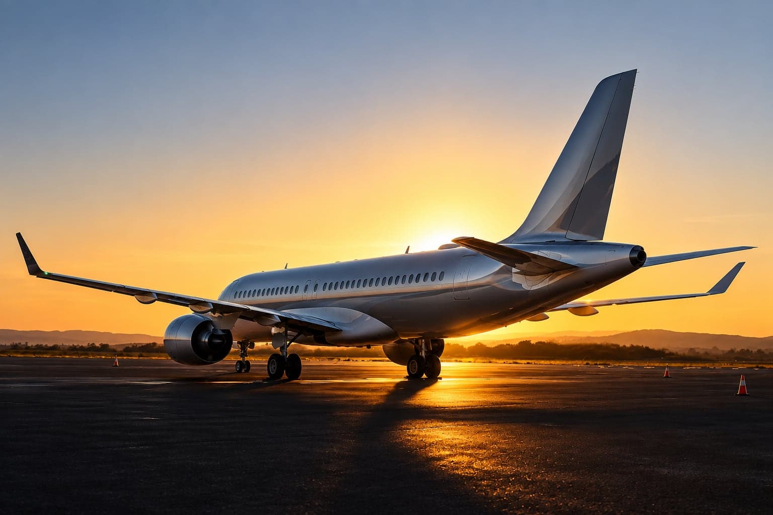 An airliner parked on the apron at sunset